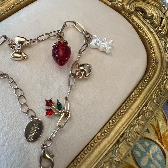 Claire’s Gold-Tone Charm Bracelet Strawberry Cherries Bow Teddy Bear Colorful - Picture 4 of 10
